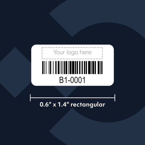 100 Tiny Asset Labels (0.6″ x 1.4″ rectangular) - customized with your own logo