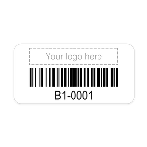 100 Tiny Asset Labels (0.6″ x 1.4″ rectangular) - customized with your own logo