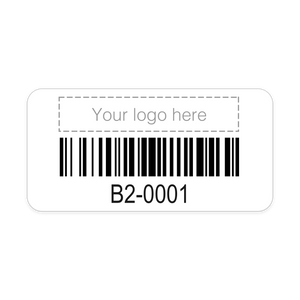 100 Tiny Asset Labels (0.6″ x 1.4″ rectangular) - customized with your own logo